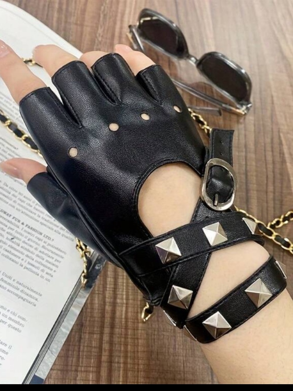 Studded Black Leather Fingerless Gloves with Buckle Strap